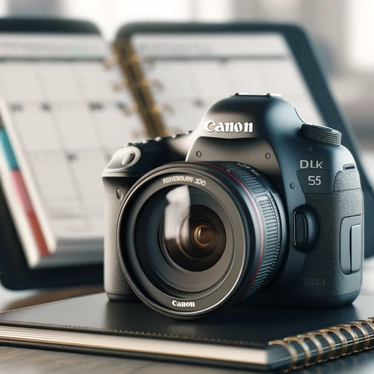 DALL·E 2024-05-20 15.44.11 - A realistic image of a Canon DSLR camera in the foreground, with a blurred background featuring an open planner or agenda. The Canon camera should be