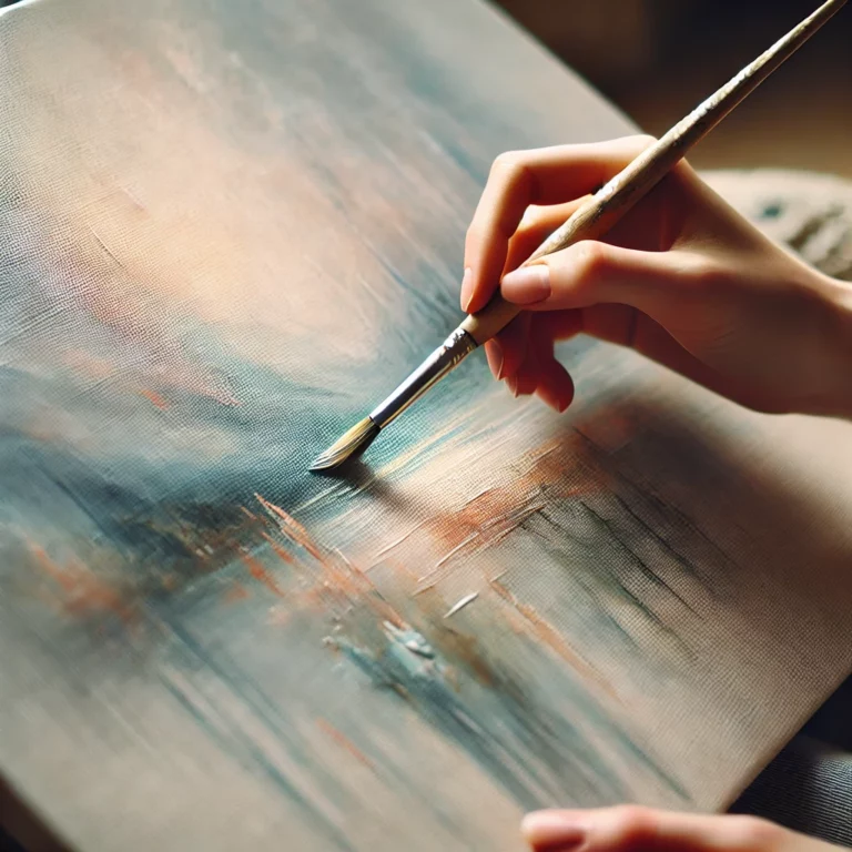 DALL·E 2024-09-17 10.32.35 - A close-up of a hand holding a paintbrush, painting delicate details on a canvas. The canvas shows soft, blended colors, with gentle brushstrokes form