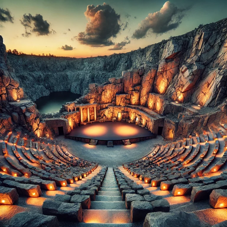 DALL·E 2024-11-05 13.17.05 - An open-air theater set in a rugged quarry, with rows of stone seats facing a dramatic natural stage. The theater is illuminated by warm evening light