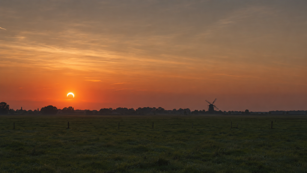 Afbeelding van de gedeeltelijke zonsverduistering boven een landelijk gebied.