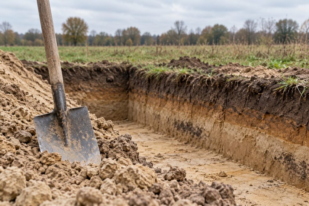 Spade naast archeologische proefsleuf